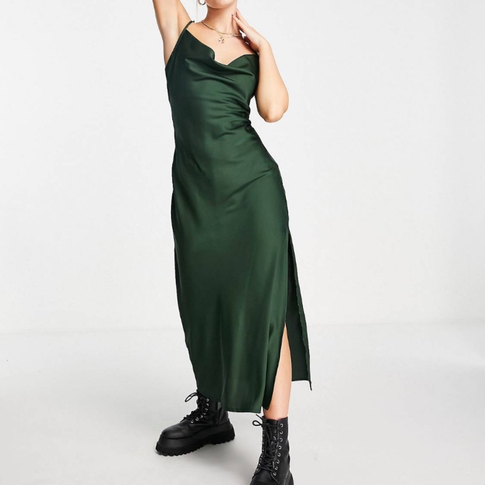 NEW Stradivarius satin midi slip dress in Green